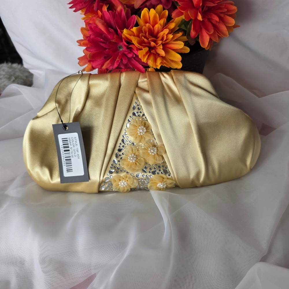 Badgley Mischka Gold Floral Satin Clutch Crystal Embellished Evening Bag TBF-908